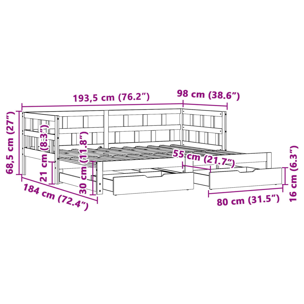 vidaXL Sofá-cama c/ gavetão e gavetas branco 90x190cm madeira de pinho