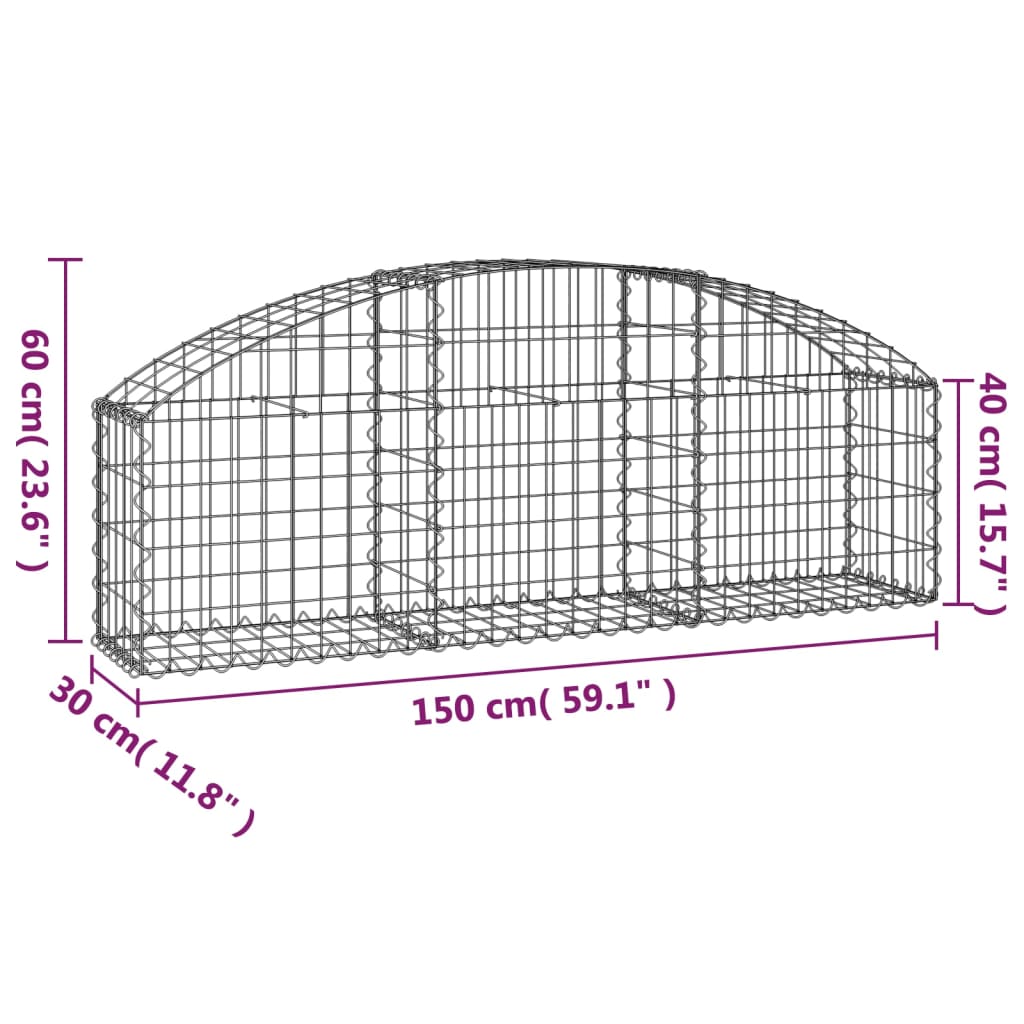 vidaXL Cesto gabião arqueado 150x30x40/60 cm ferro galvanizado