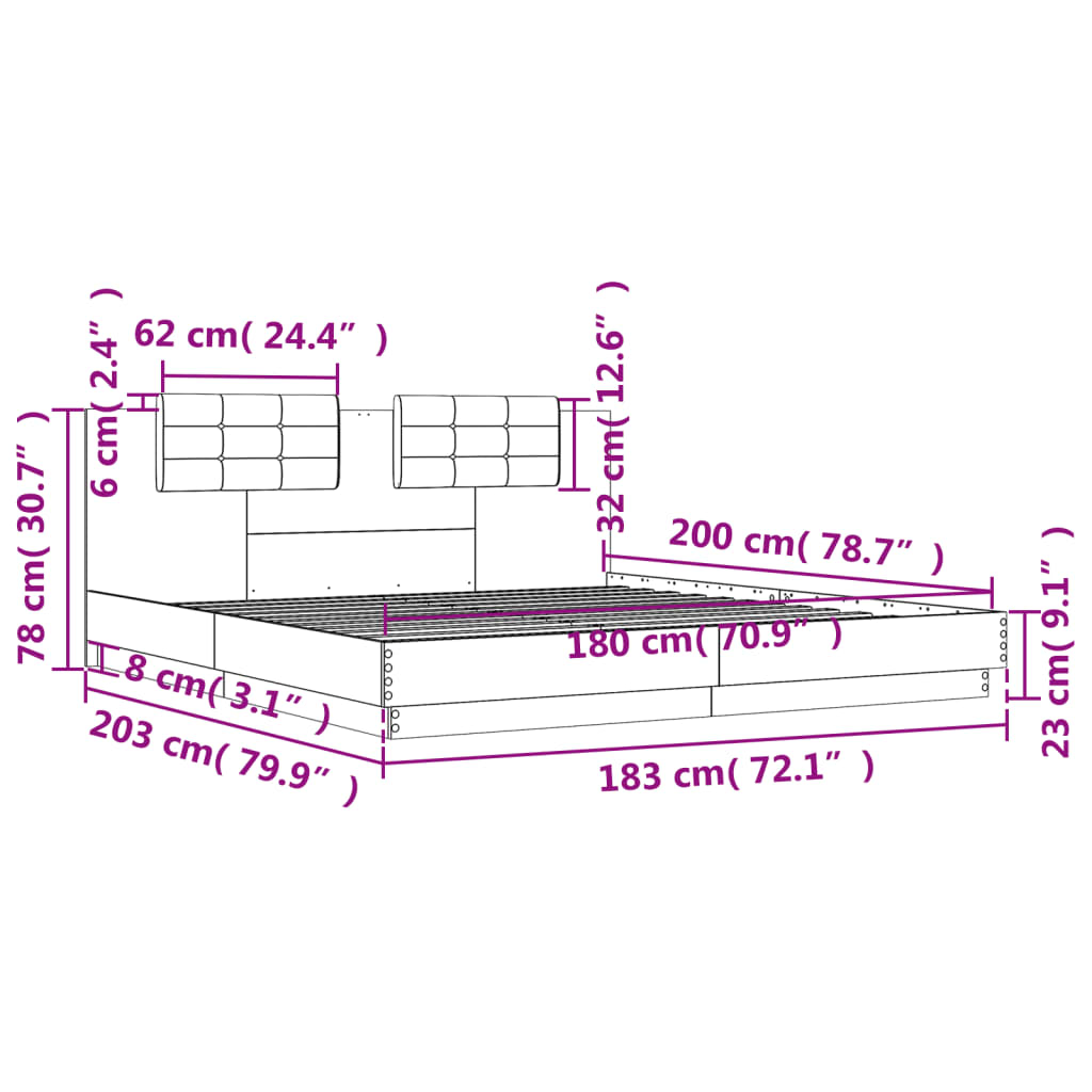 vidaXL Estrutura cama c/ cabeceira/luzes LED 180x200cm carvalho sonoma