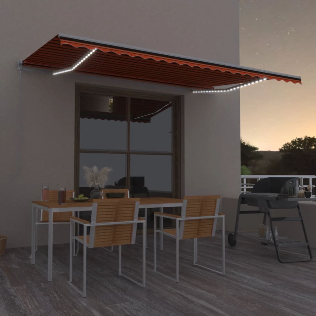 vidaXL Toldo retrátil manual com LED 500x300 cm laranja e castanho