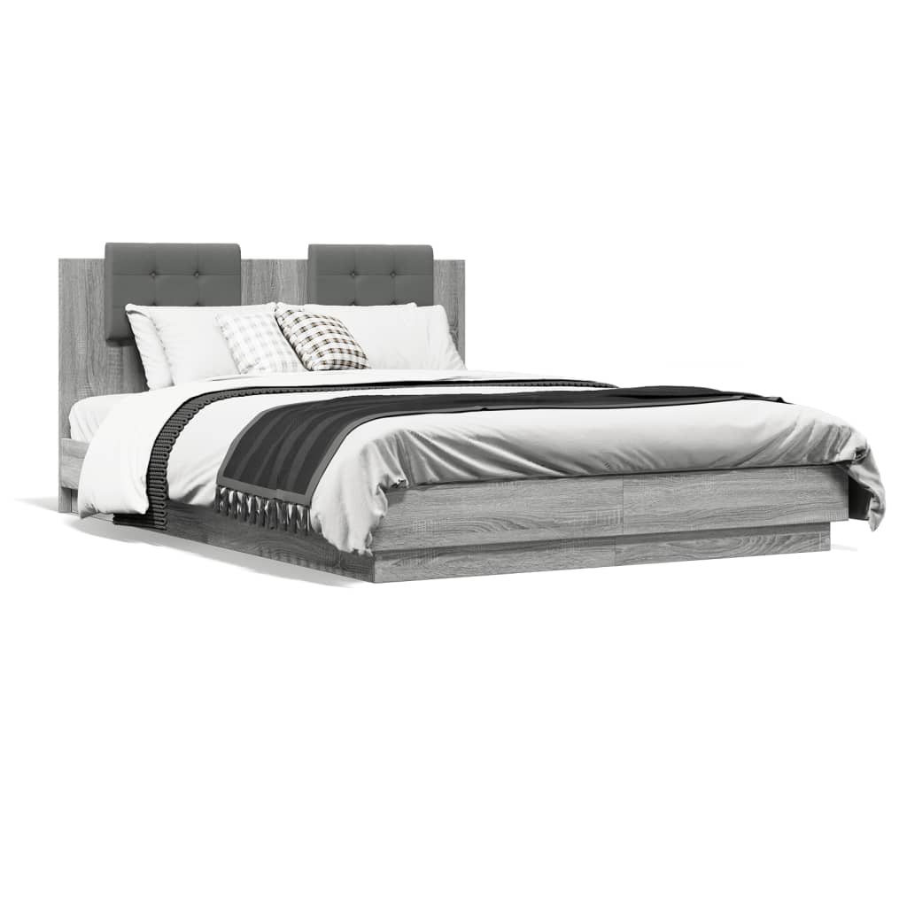 vidaXL Estrutura de cama c/ cabeceira/luzes LED 140x200cm cinza sonoma