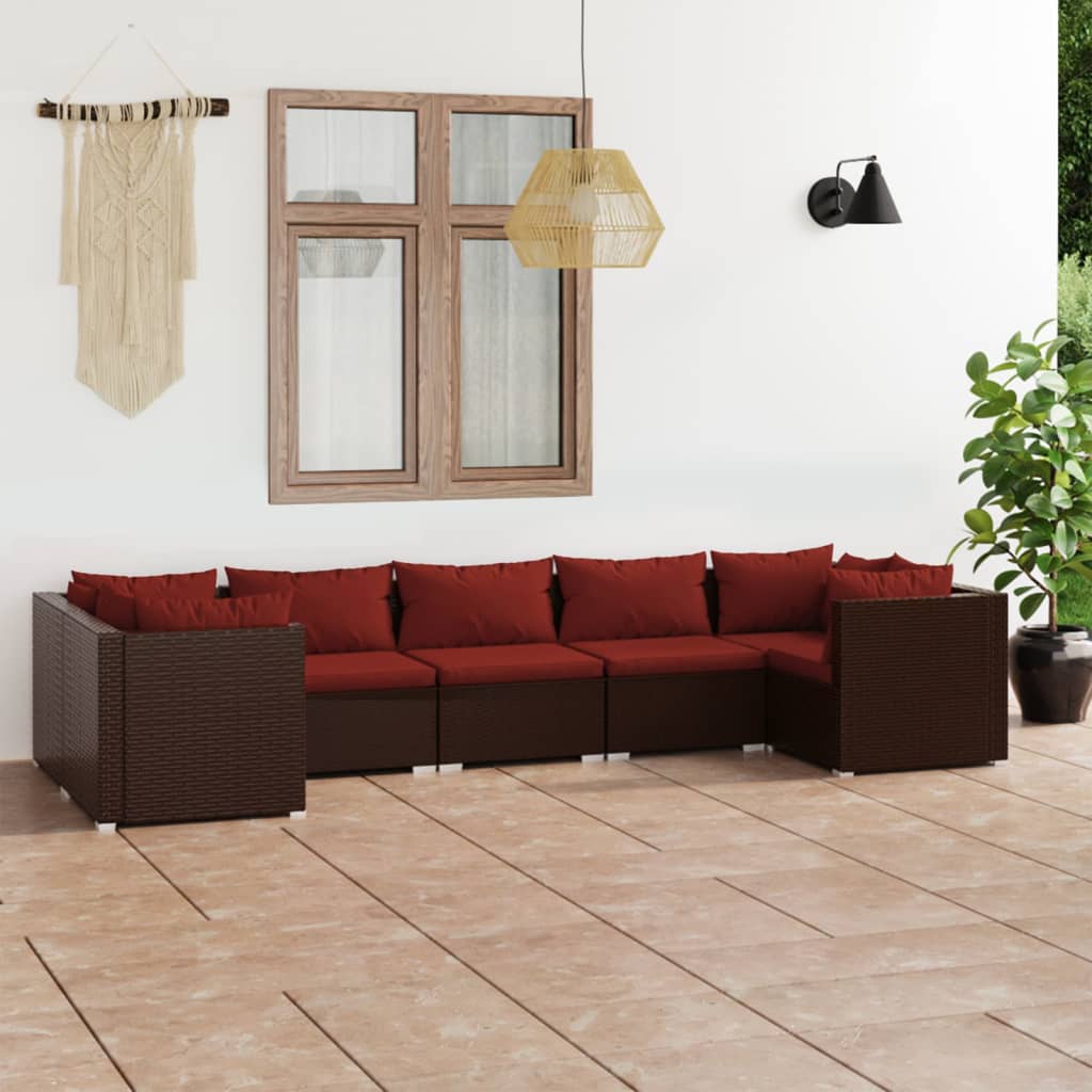 vidaXL 7 pcs conjunto lounge jardim c/ almofadões vime PE castanho