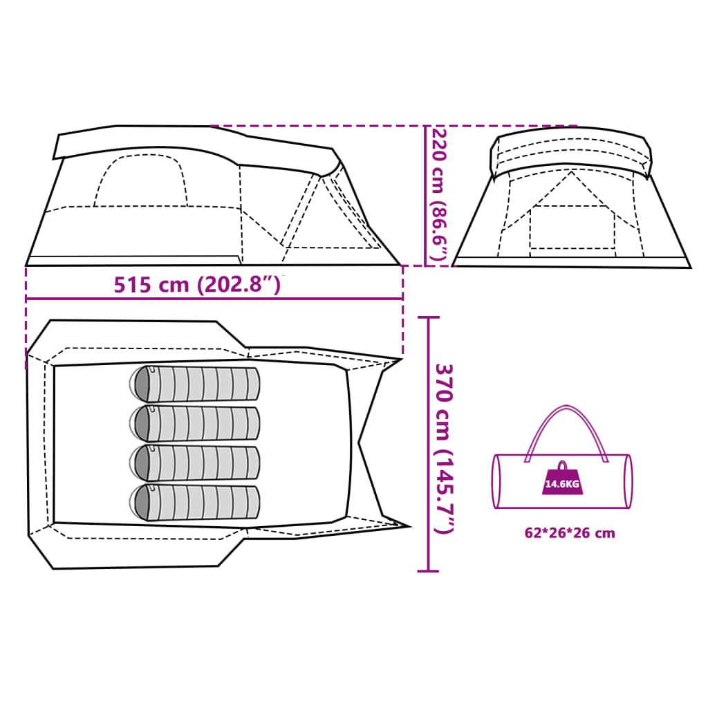 vidaXL Tenda de campismo c/ avançado para 4pessoas impermeável laranja