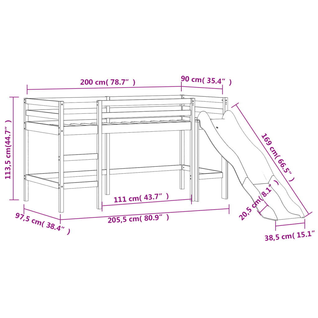 vidaXL Cama alta para criança com torre 90x200 cm pinho maciço azul