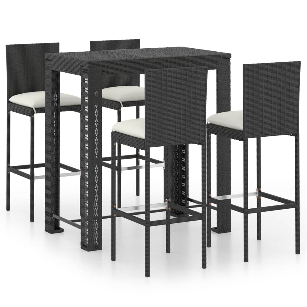 vidaXL 5 pcs conjunto de bar p/ exterior c/ almofadões vime PE preto