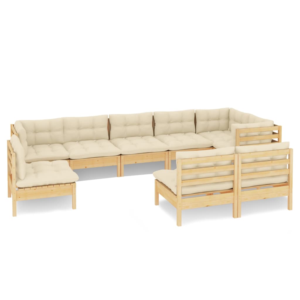 vidaXL 9 pcs conjunto lounge jardim c/ almofadões creme pinho maciço