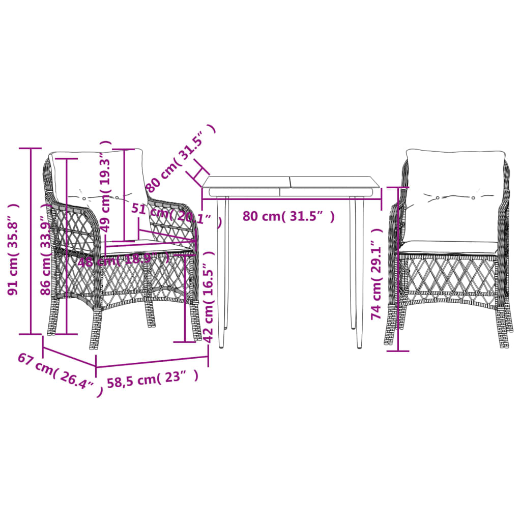 vidaXL 3 pcs conjunto bistrô com almofadões vime PE bege misturado