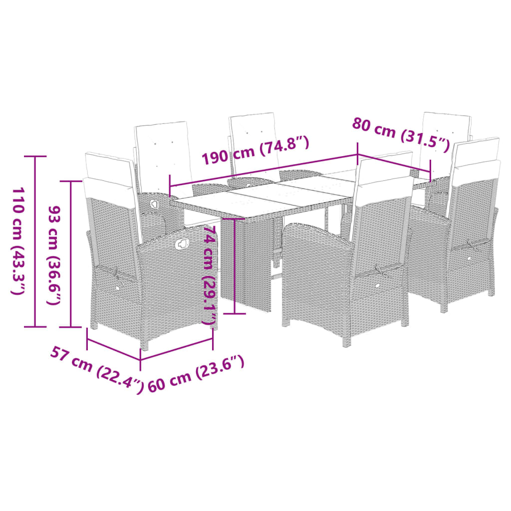 vidaXL 7 pcs conjunto de jantar p/ jardim c/ almofadões vime PE preto