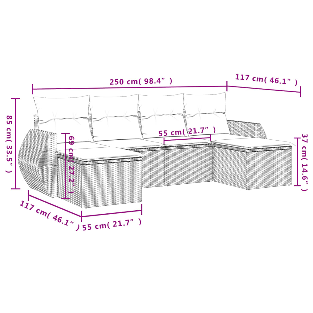 vidaXL 6 pcs conjunto sofás de jardim com almofadões vime cinzento