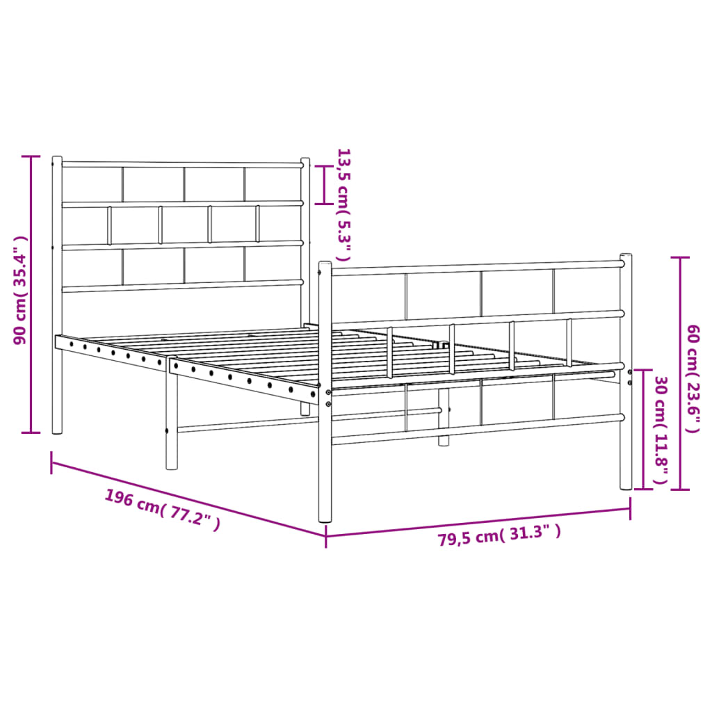 vidaXL Estrutura de cama com cabeceira e pés 75x190 cm metal branco