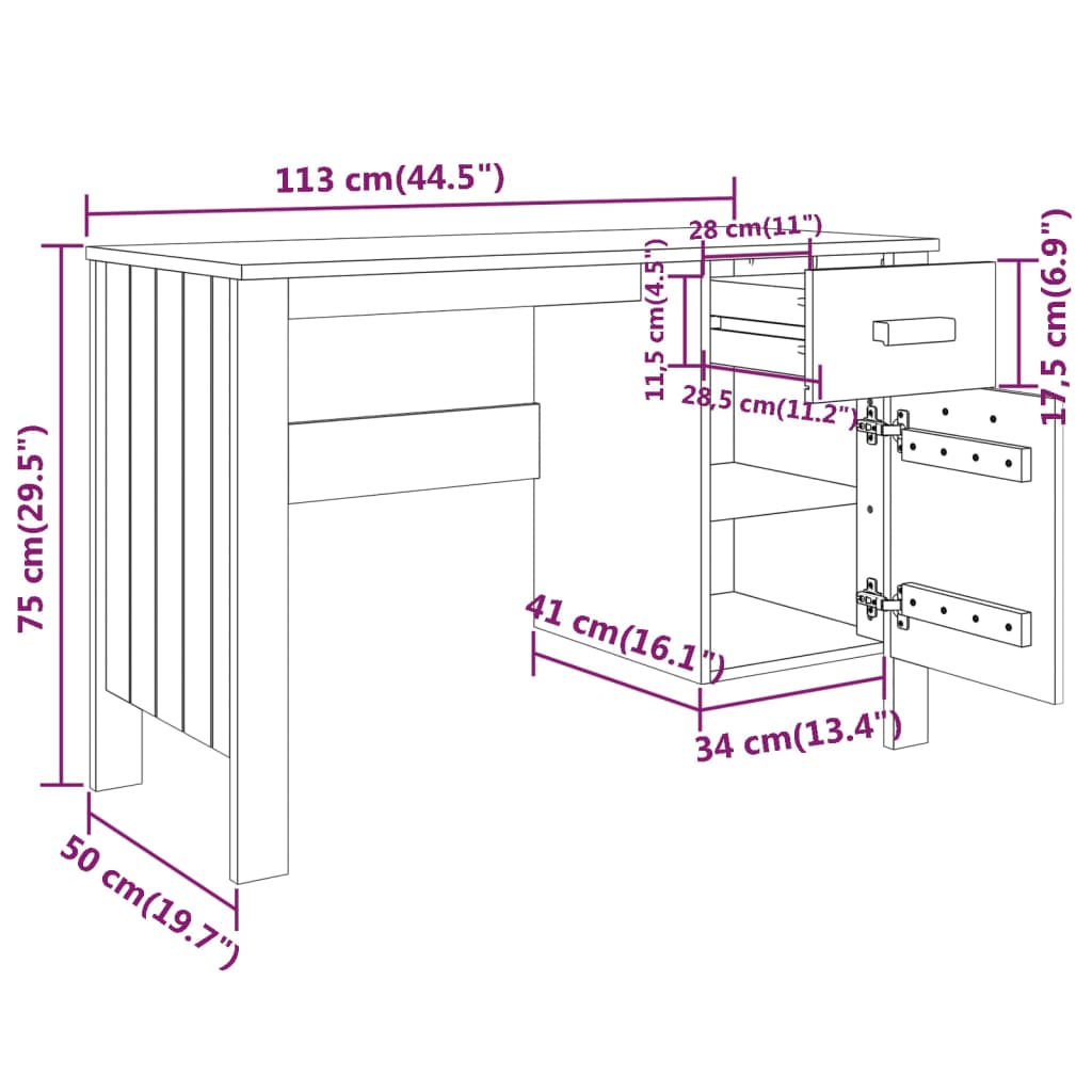 vidaXL Secretária HAMAR 113x50x75 cm pinho maciço cinza-escuro