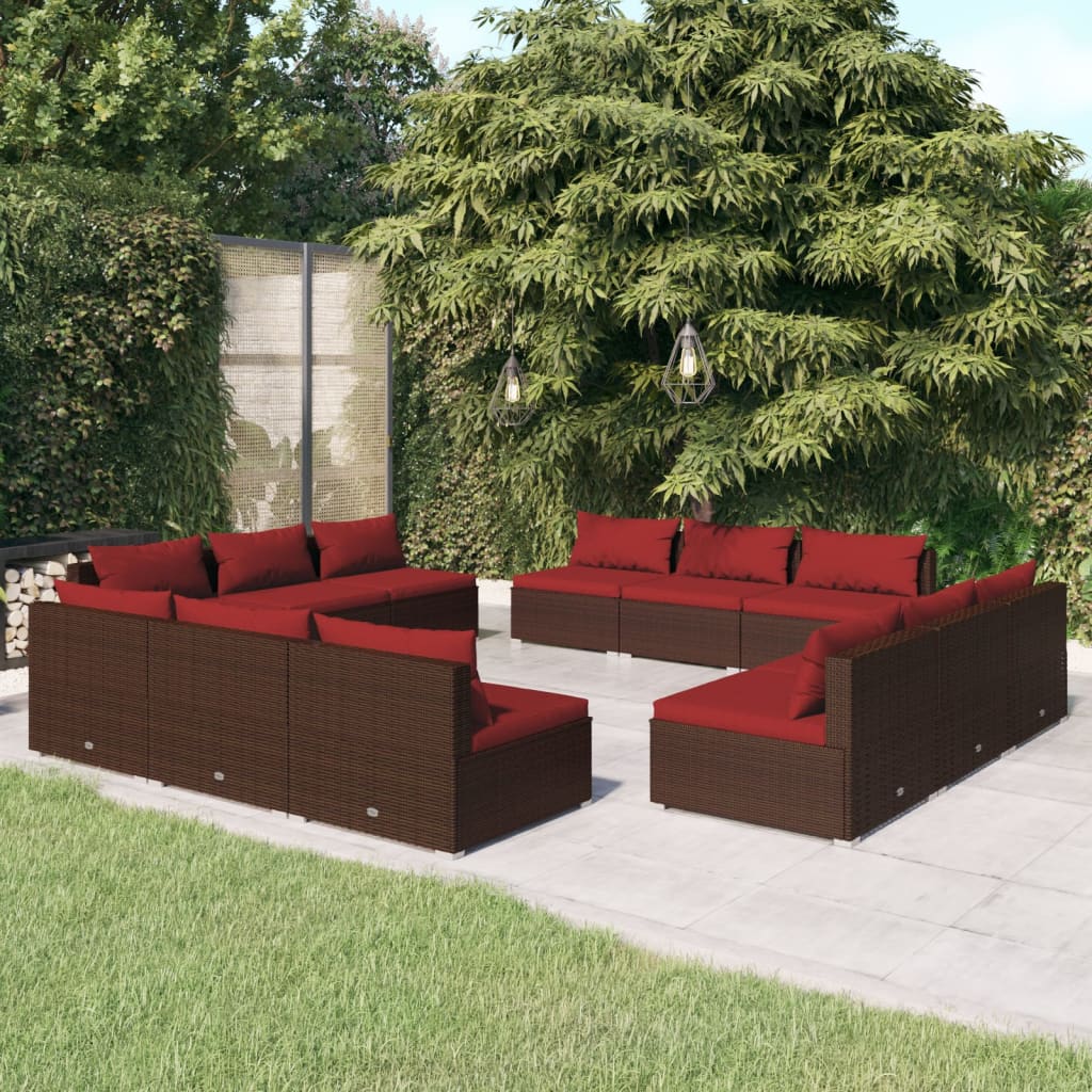 vidaXL 12 pcs conjunto lounge jardim c/ almofadões vime PE castanho