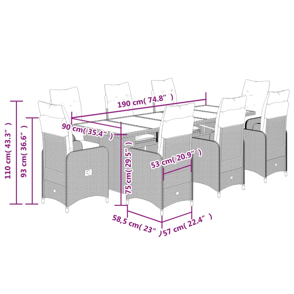 vidaXL 9 pcs conjunto de bistrô para jardim c/ almofadões vime PE bege