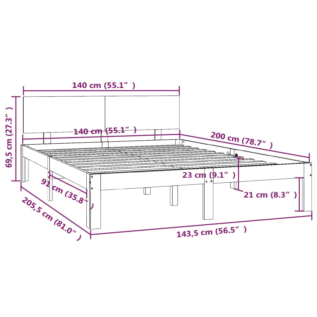 vidaXL Estrutura de cama 140x200 cm pinho maciço castanho mel