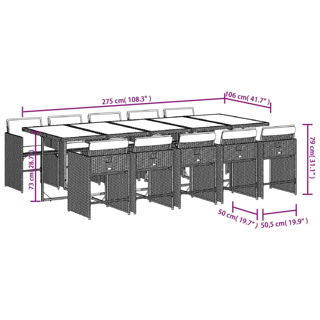 vidaXL 11 pcs conjunto jantar p/ jardim c/ almofadões vime PE cinzento