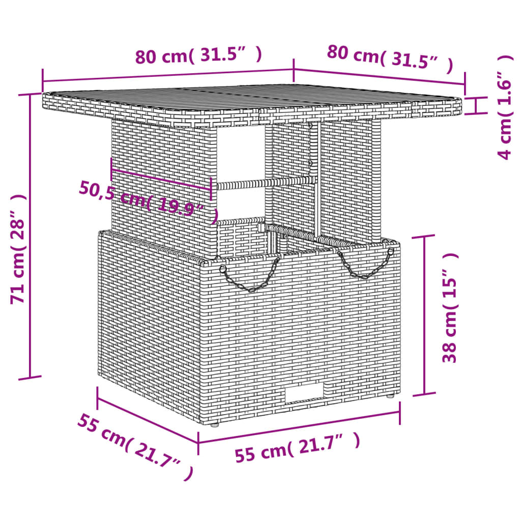 vidaXL Mesa de jardim 80x80x71 cm vime PE e madeira de acácia bege