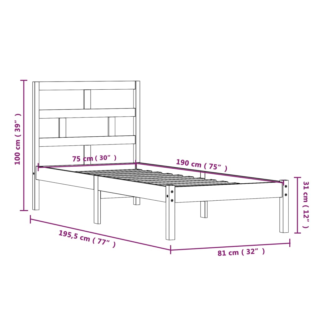 vidaXL Estrutura cama pequena solteiro 75x190 cm madeira maciça branco