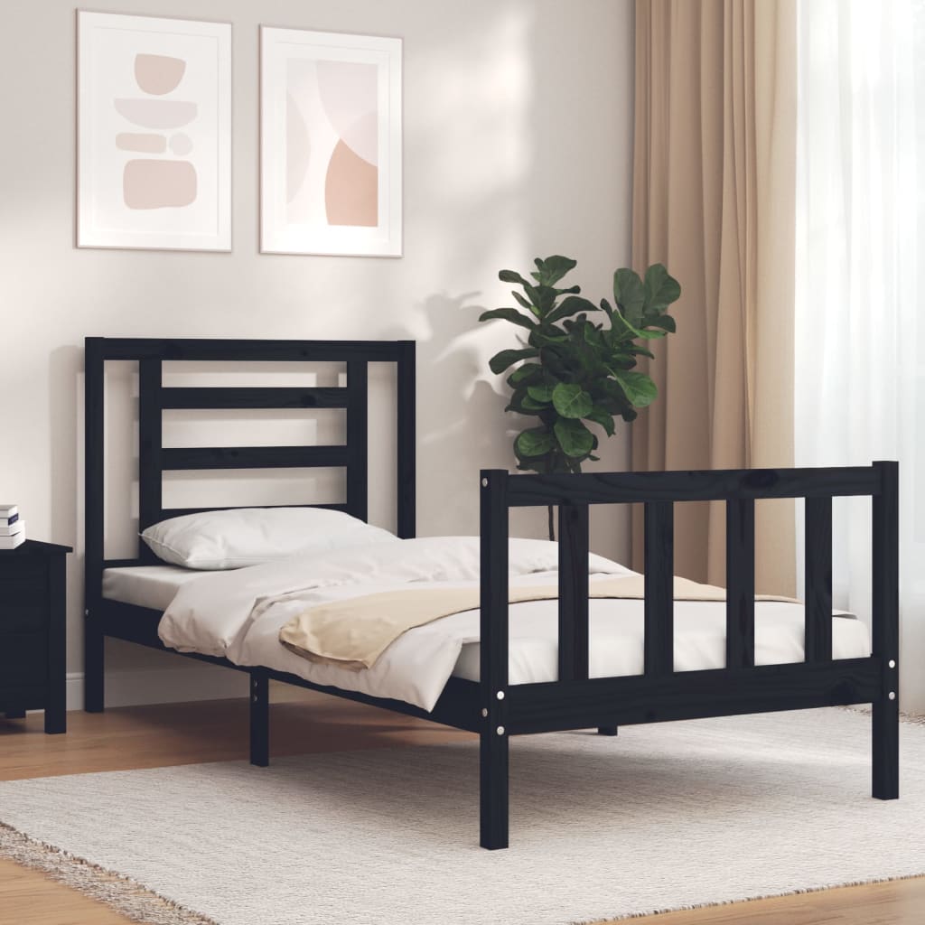 vidaXL Estrutura de cama com cabeceira 90x200 cm madeira maciça preto