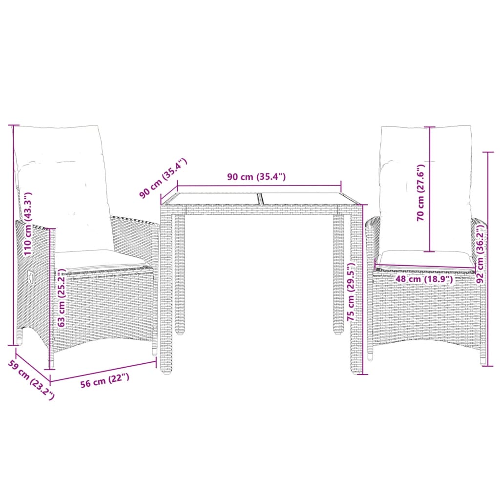 vidaXL 3 pcs conjunto bistrô com almofadões vime PE bege