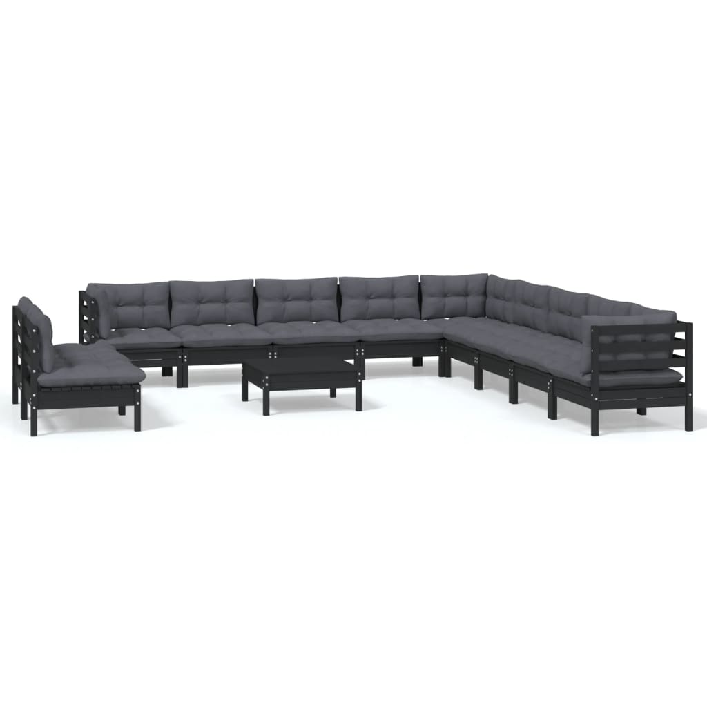 vidaXL 12 pcs conjunto lounge jardim c/ almofadões pinho maciço preto