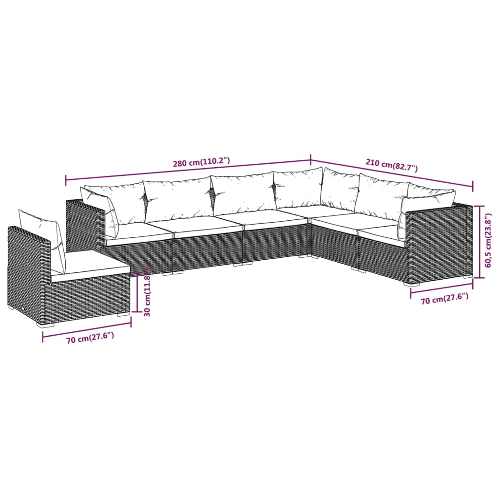 vidaXL 7 pcs conjunto lounge de jardim c/ almofadões vime PE cinzento