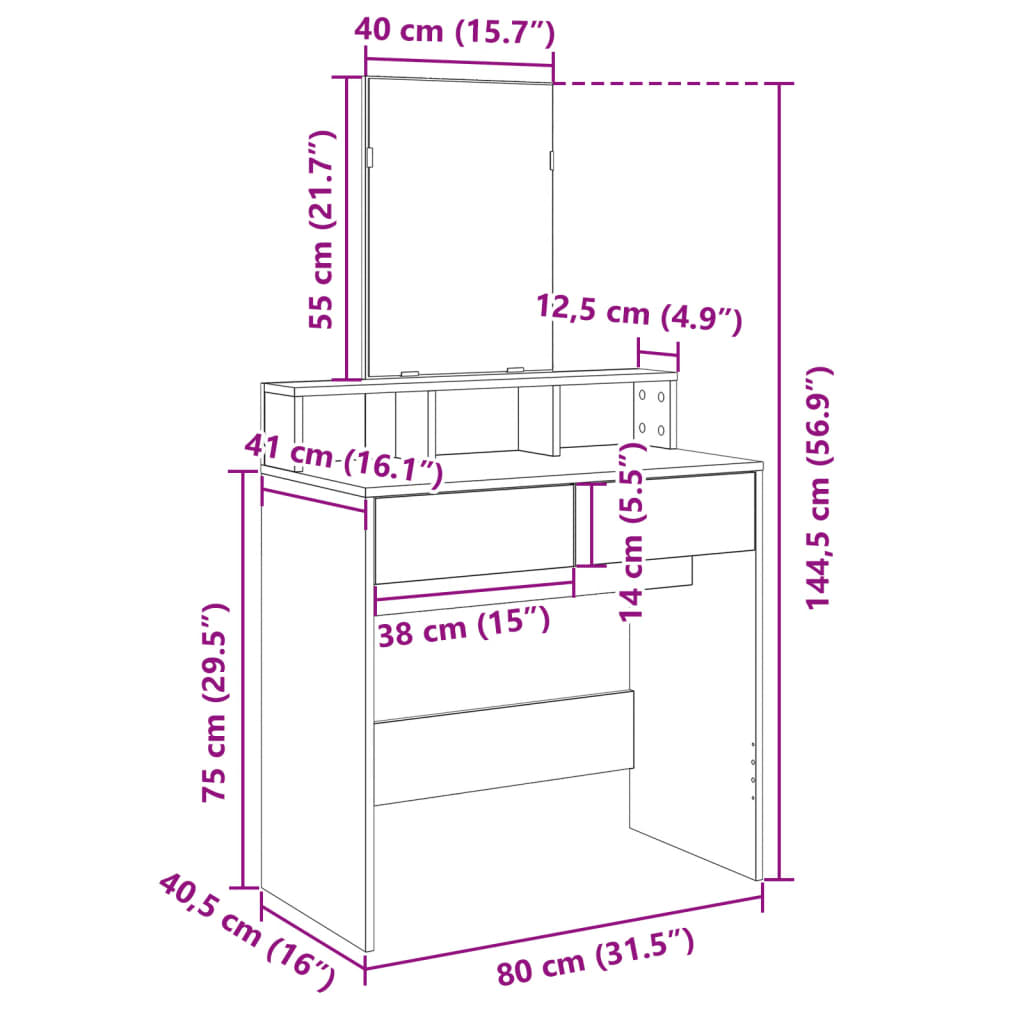 vidaXL Toucador com espelho 80x41x144,5 cm branco