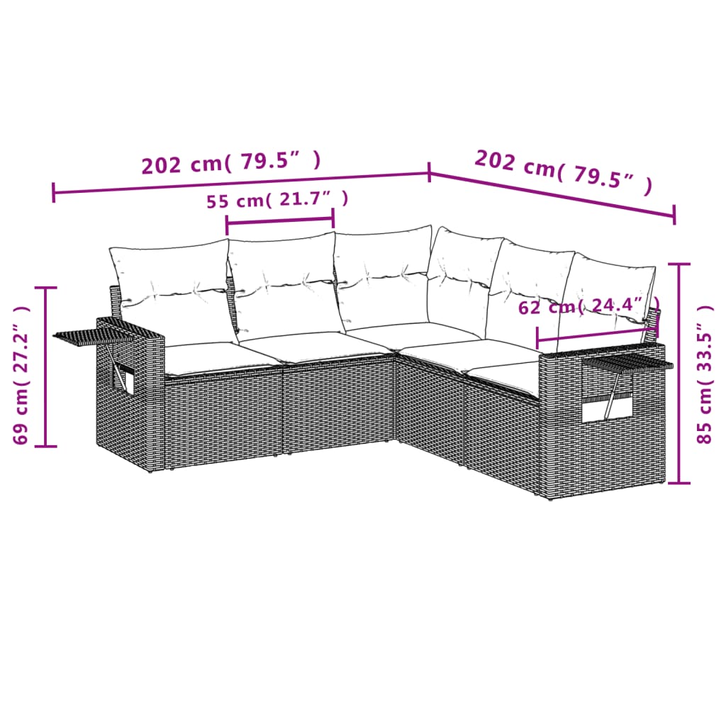 vidaXL 5 pcs conjunto sofás p/ jardim c/ almofadões vime PE castanho