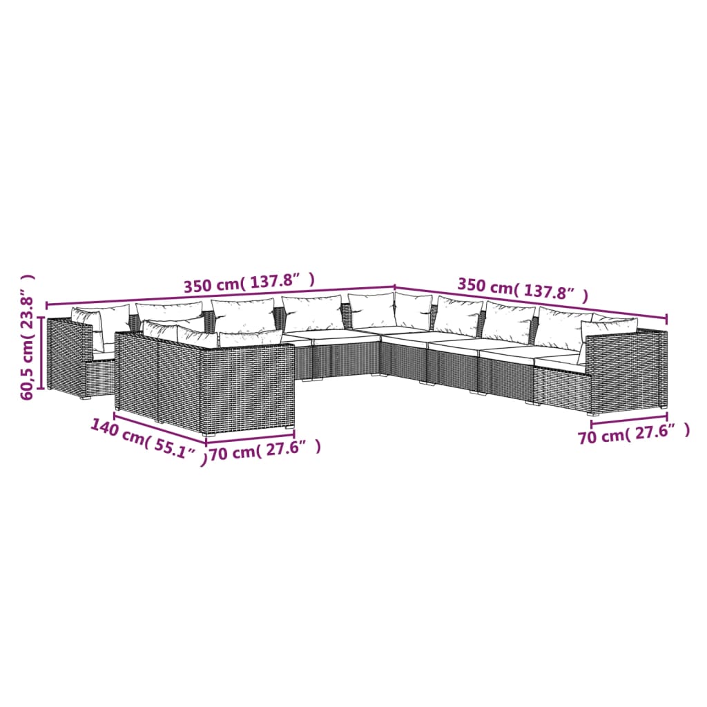 vidaXL 11 pcs conjunto lounge de jardim c/ almofadões vime PE cinzento