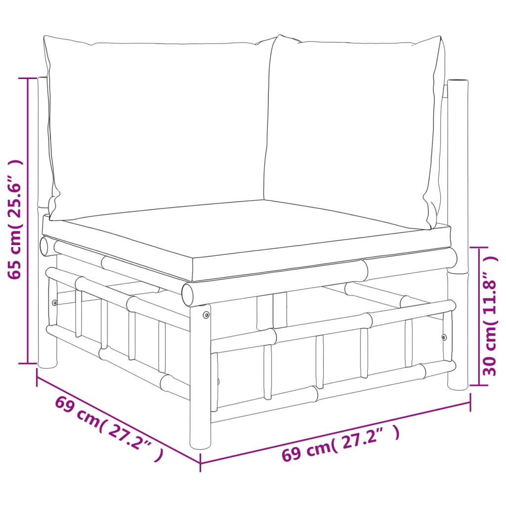 vidaXL 3 pcs conjunto lounge de jardim bambu c/ almofadões branco nata