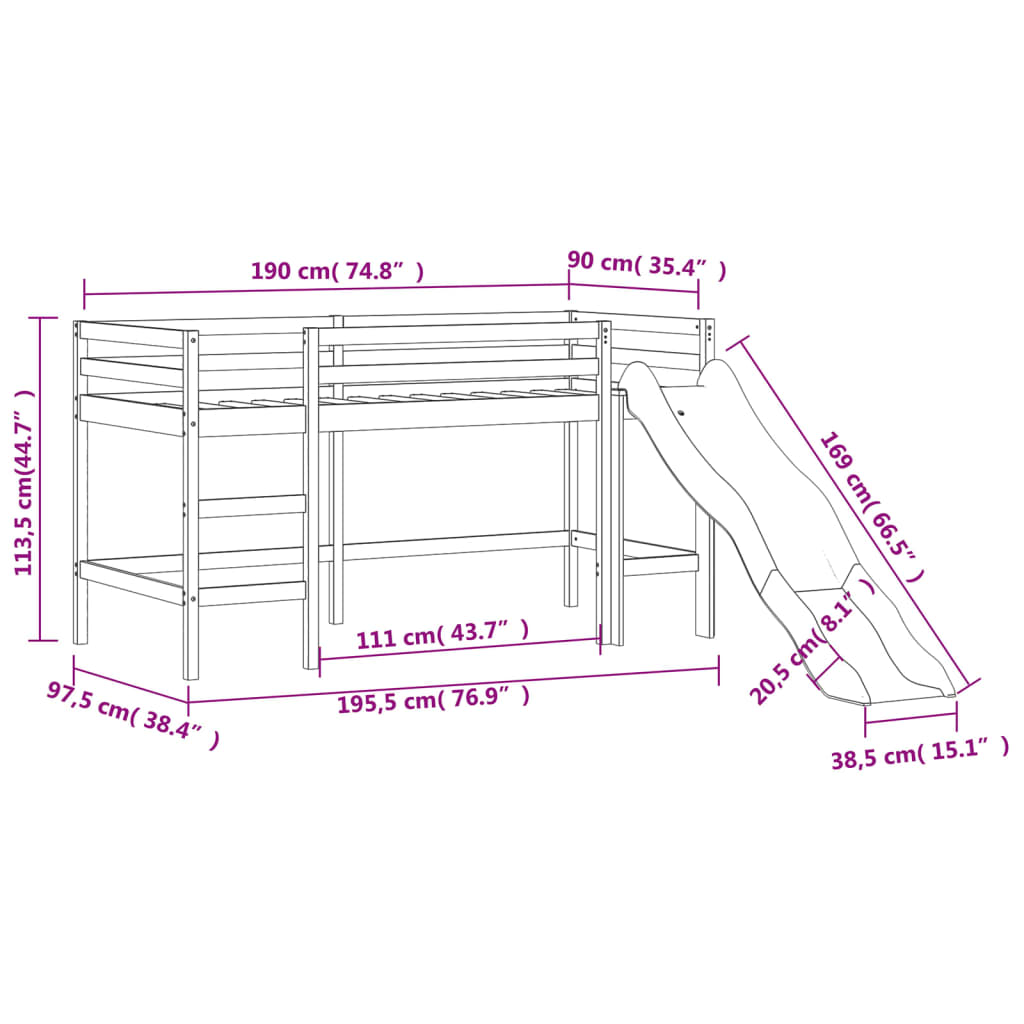 vidaXL Cama alta para criança com torre 90x190 cm pinho maciço azul