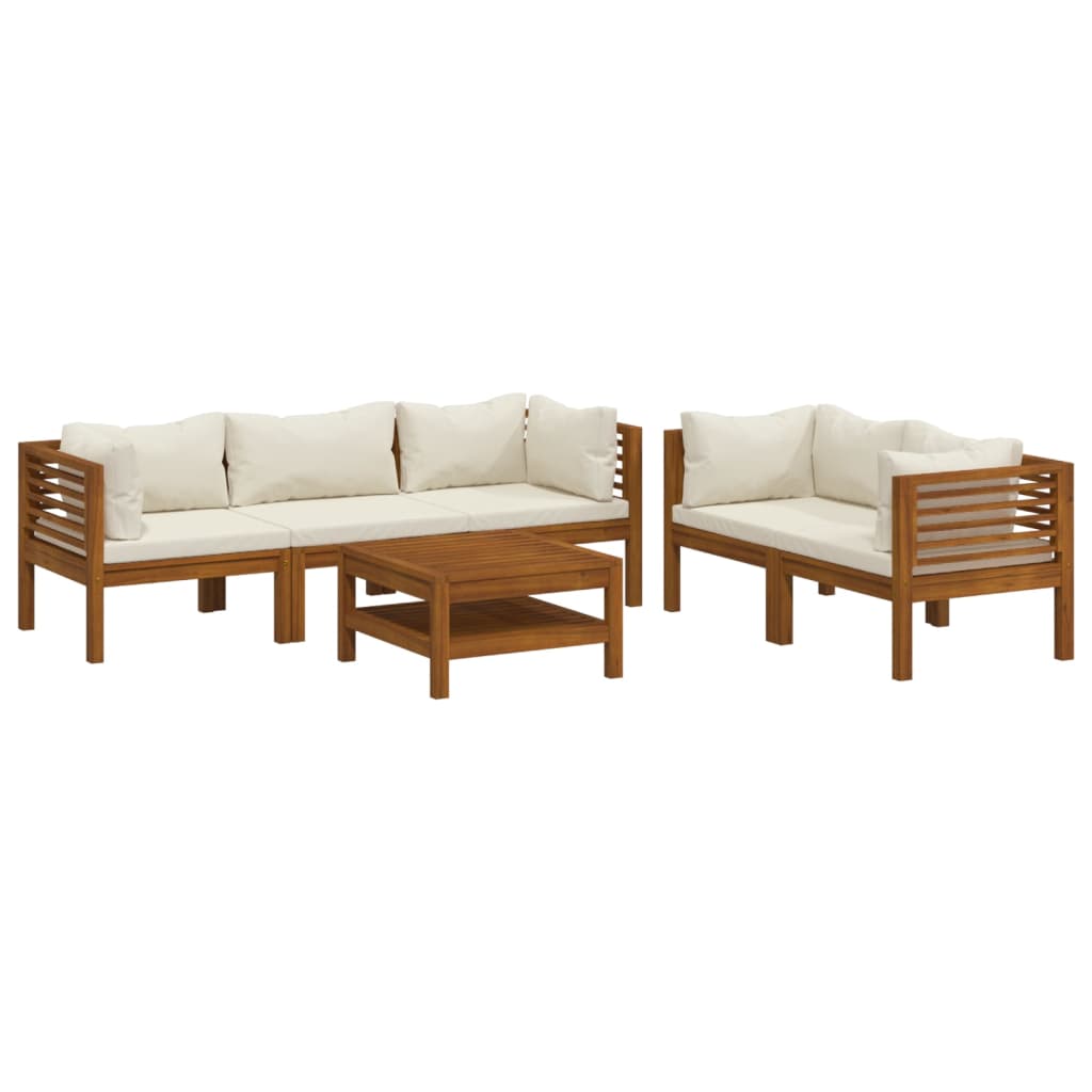 vidaXL 6 pcs conjunto lounge jardim c/ almofadões creme acácia maciça