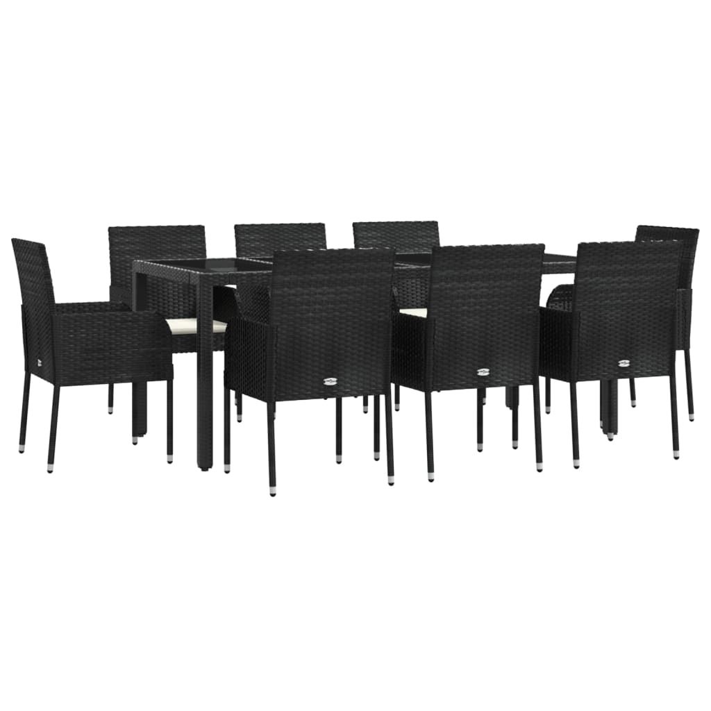 vidaXL 9 pcs conjunto de jantar p/ jardim c/ almofadões vime PE preto