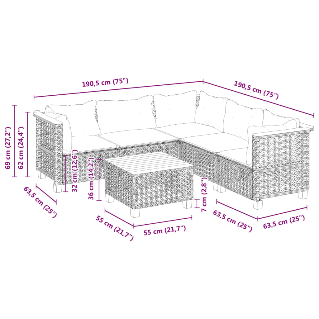 vidaXL 6 pcs conjunto sofás de jardim c/ almofadões vime PE preto