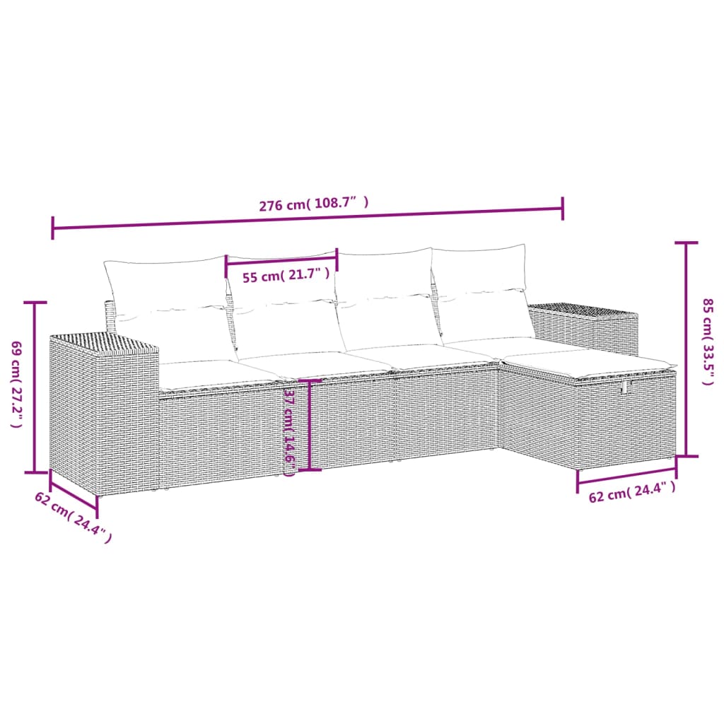 vidaXL 5 pcs conjunto de sofás p/ jardim com almofadões vime PE bege