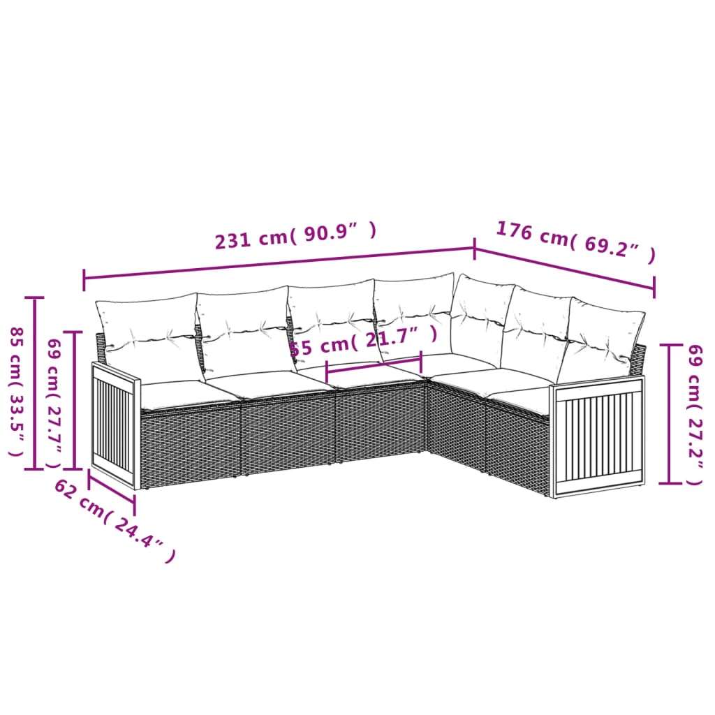 vidaXL 6 pcs conjunto sofás de jardim c/ almofadões vime PE preto