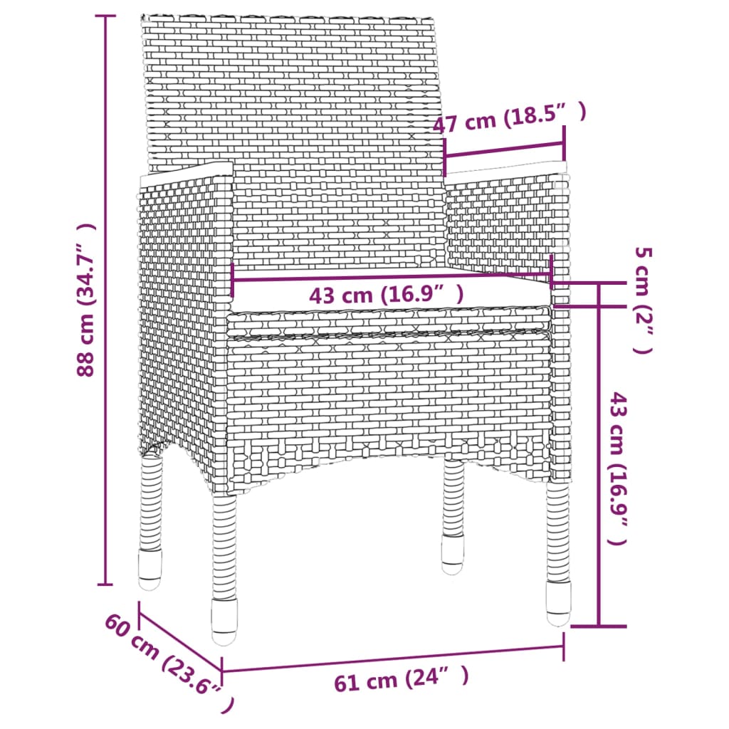 vidaXL Conjunto jantar p/ exterior com almofadões 3 pcs vime cinzento