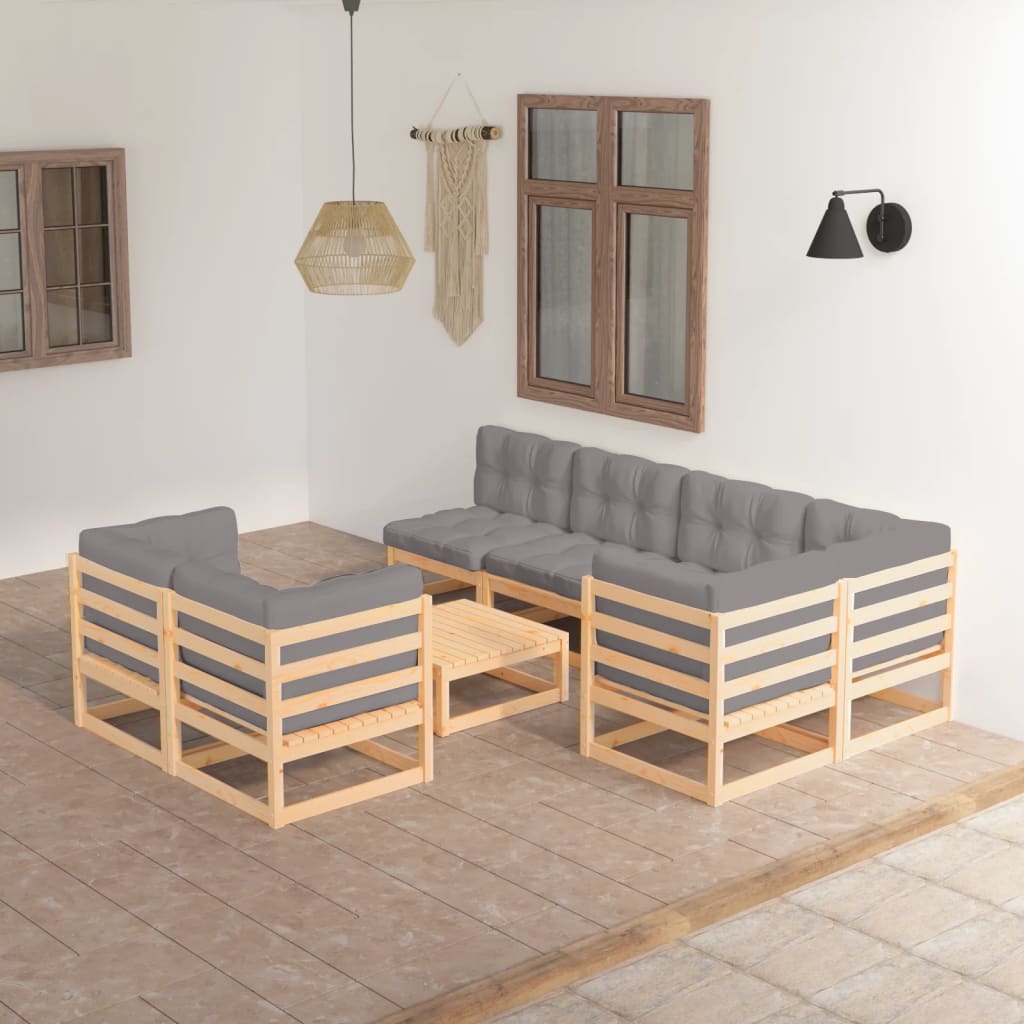 vidaXL 8 pcs conjunto lounge de jardim c/ almofadões pinho maciço