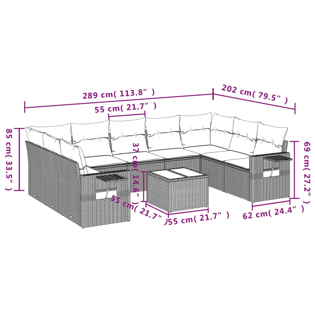 vidaXL 10 pcs conjunto sofás de jardim c/ almofadões vime PE preto