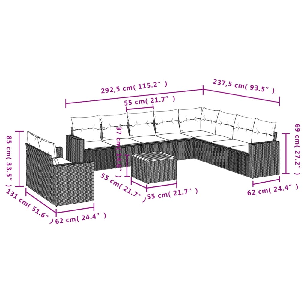 vidaXL 11 pcs conjunto sofás de jardim c/ almofadões vime PE preto