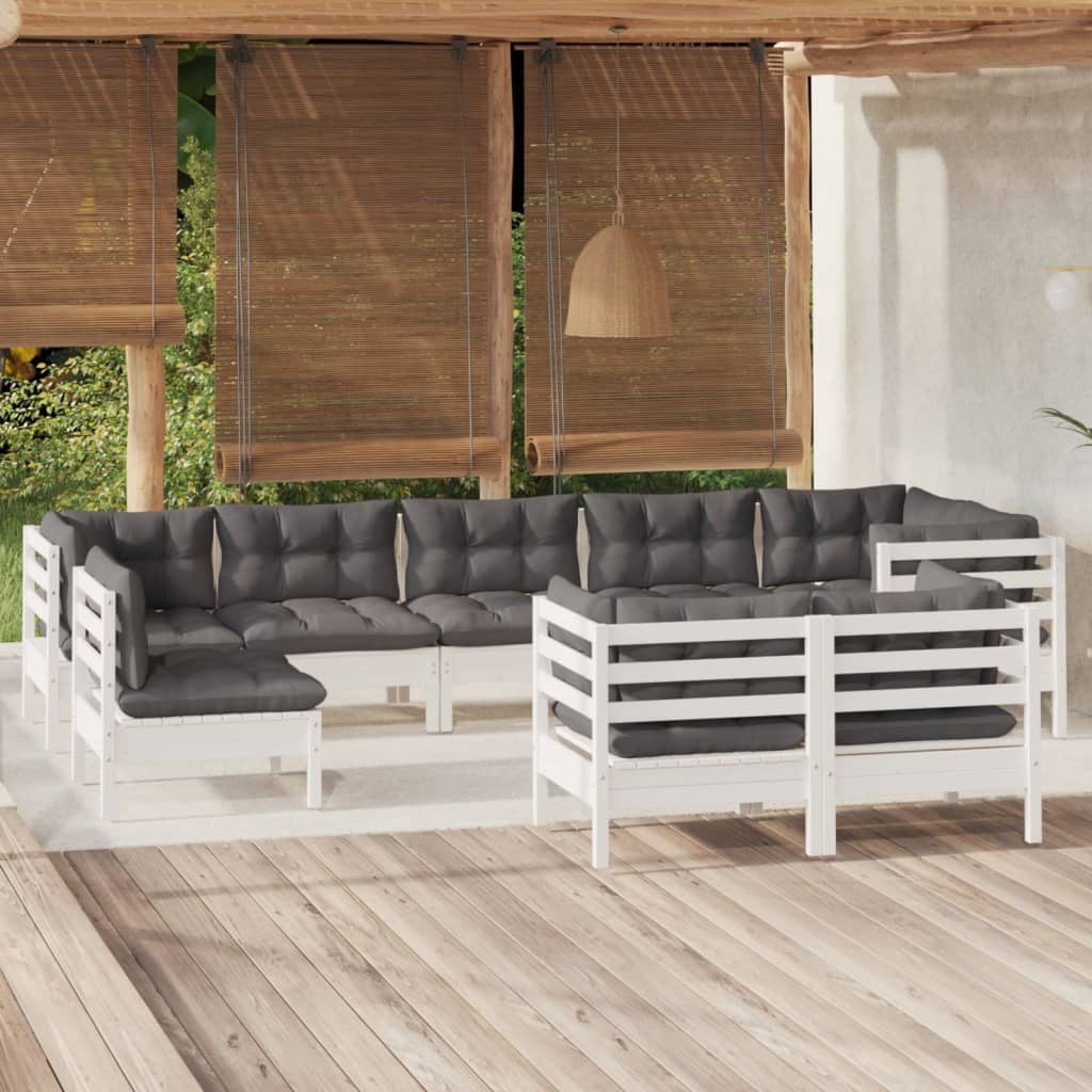 vidaXL 9 pcs conj. lounge de jardim c/ almofadões pinho maciço branco