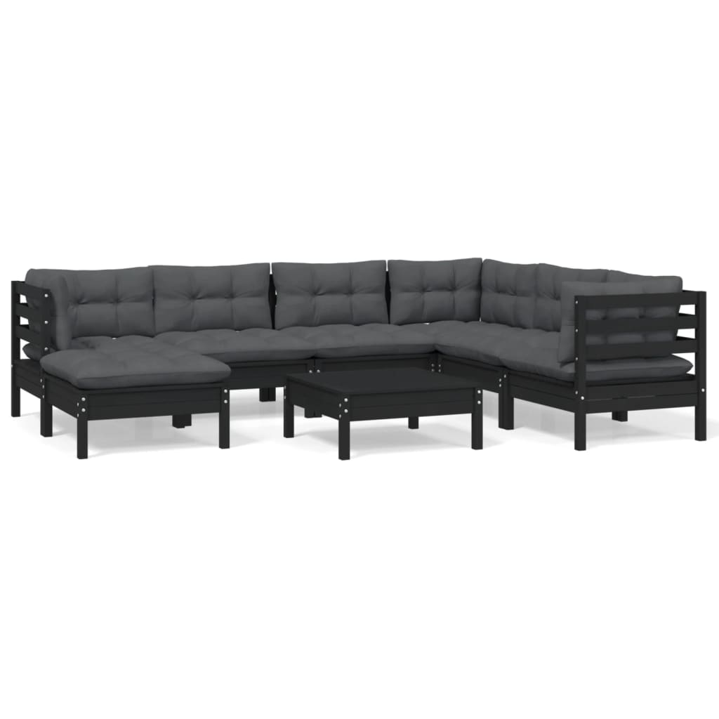 vidaXL 8 pcs conjunto lounge jardim c/ almofadões pinho maciço preto