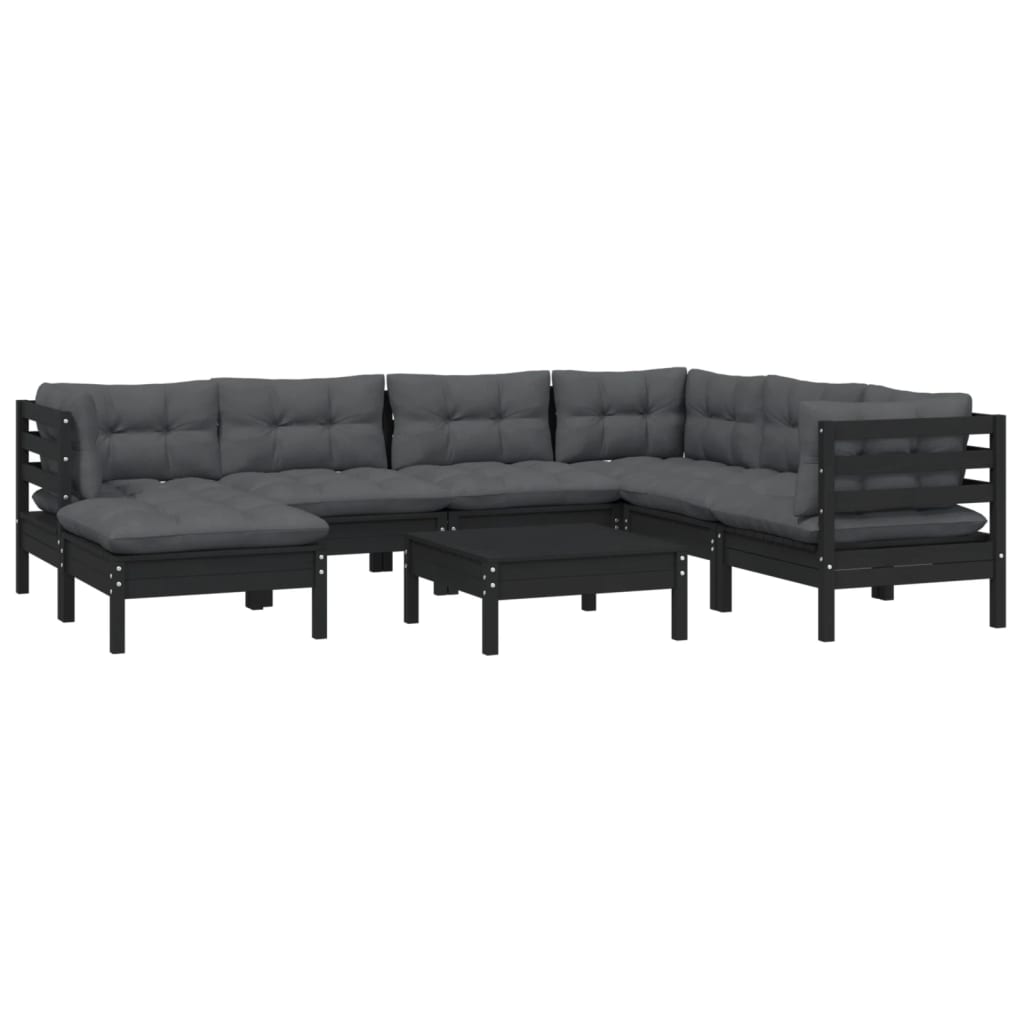 vidaXL 8 pcs conjunto lounge jardim c/ almofadões pinho maciço preto