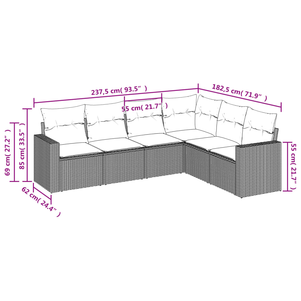 vidaXL 6 pcs conjunto sofás de jardim c/ almofadões vime PE preto