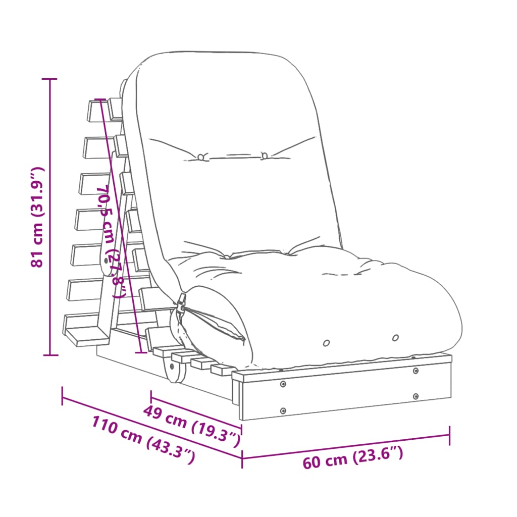 vidaXL Sofá-cama futon com colchão 60x206x11 cm madeira douglas maciça