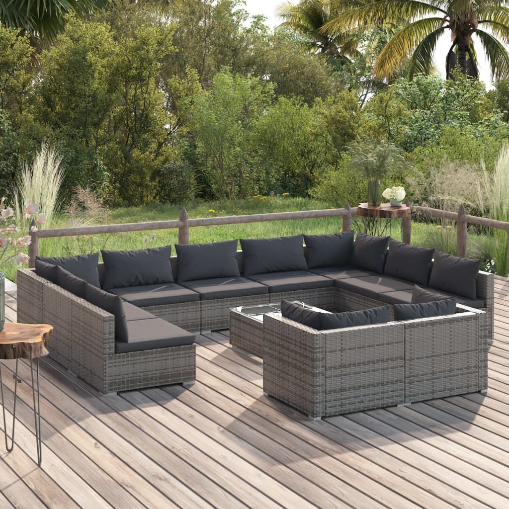 vidaXL 12 pcs conjunto lounge de jardim c/ almofadões vime PE cinzento