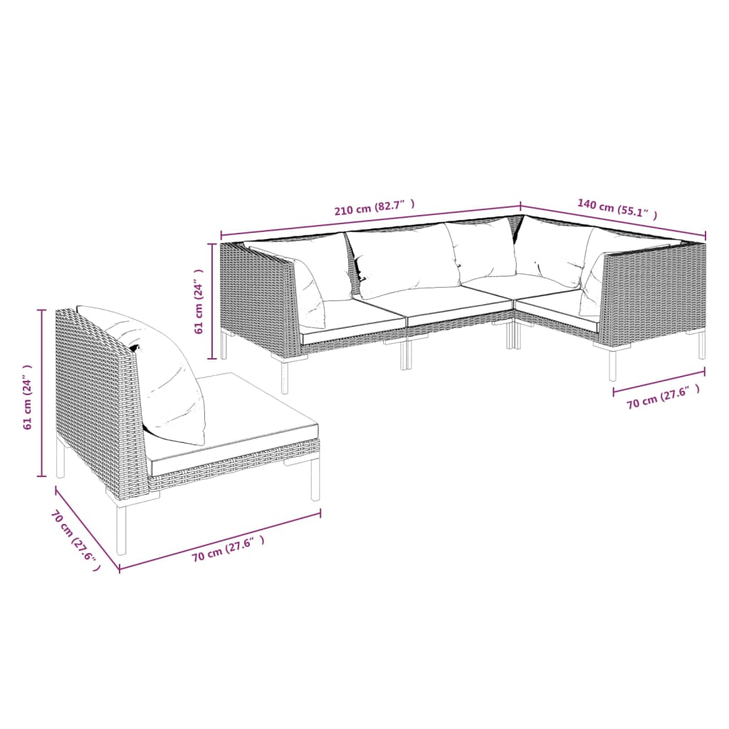 vidaXL 5 pcs conj. lounge jardim c/ almofadões vime PE cinzento-escuro