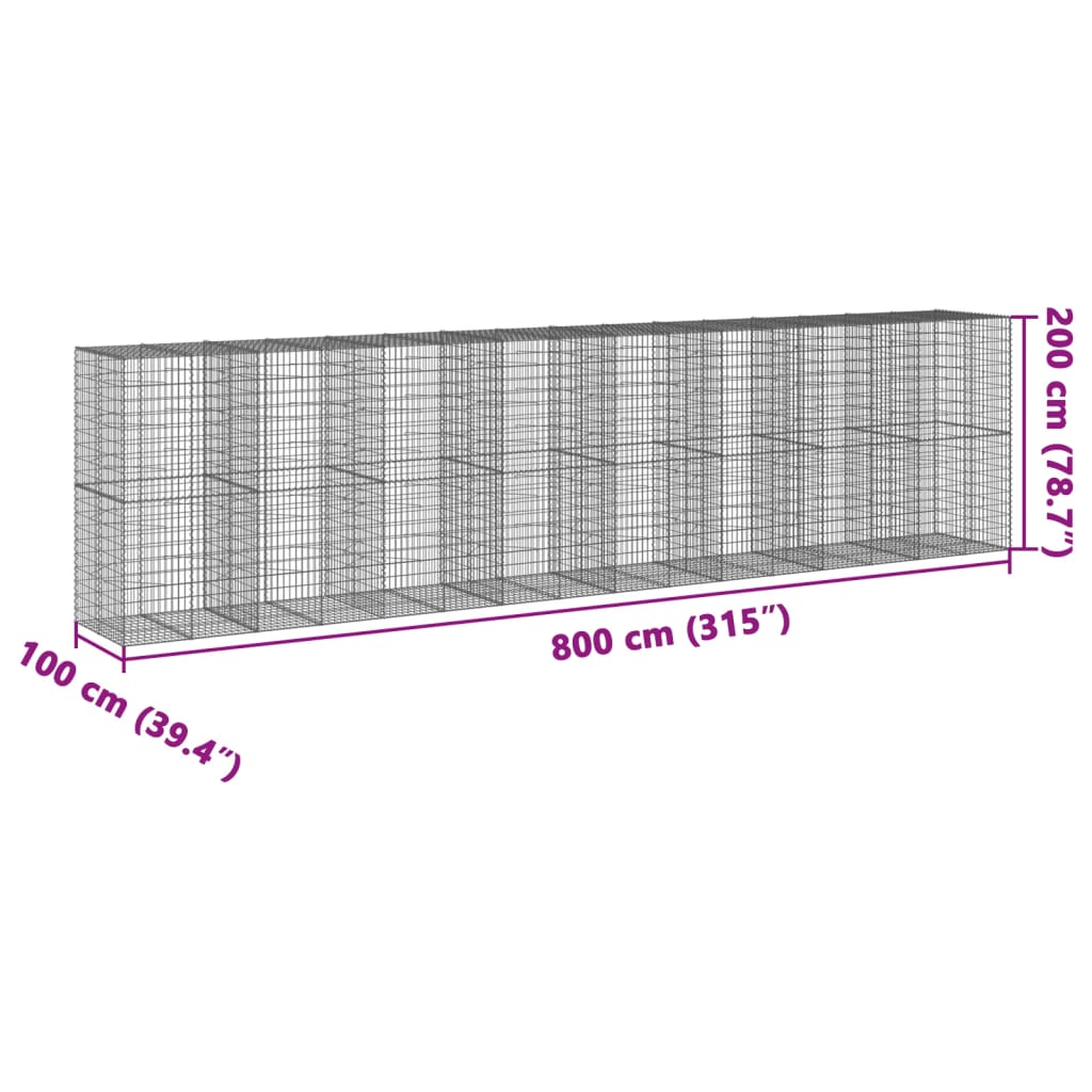 vidaXL Cesto gabião com cobertura 800x100x200 cm ferro galvanizado