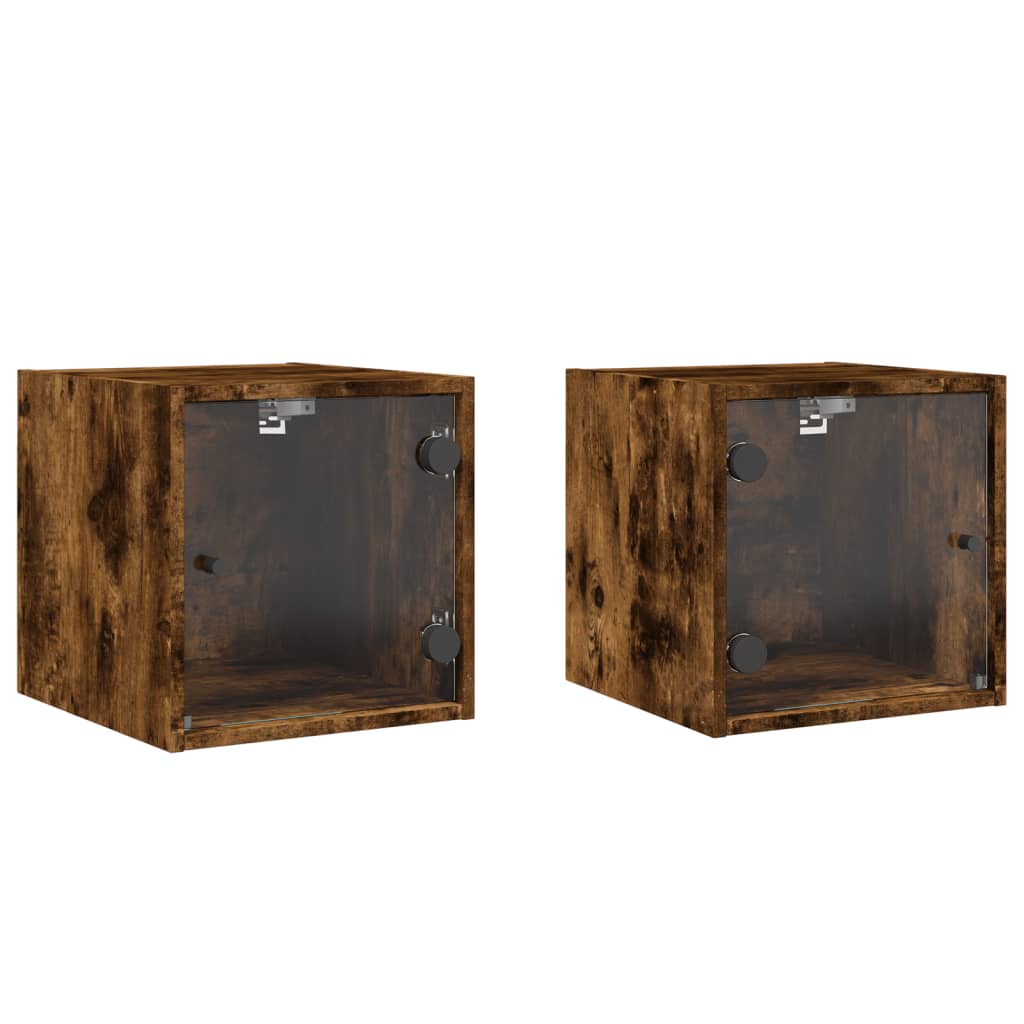 vidaXL Mesa cabeceira c/ portas vidro 2 pcs 35x37x35cm carvalho fumado