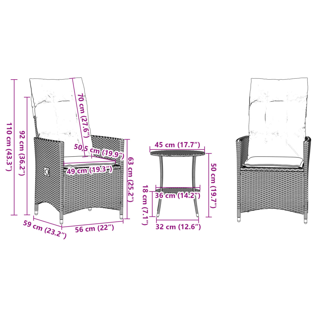 vidaXL 3 pcs conjunto bistrô com almofadões vime PE bege