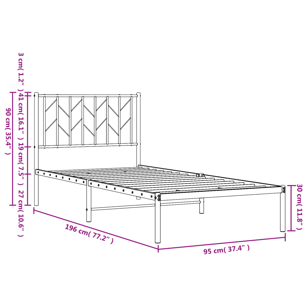 vidaXL Estrutura de cama com cabeceira 90x190 cm metal branco